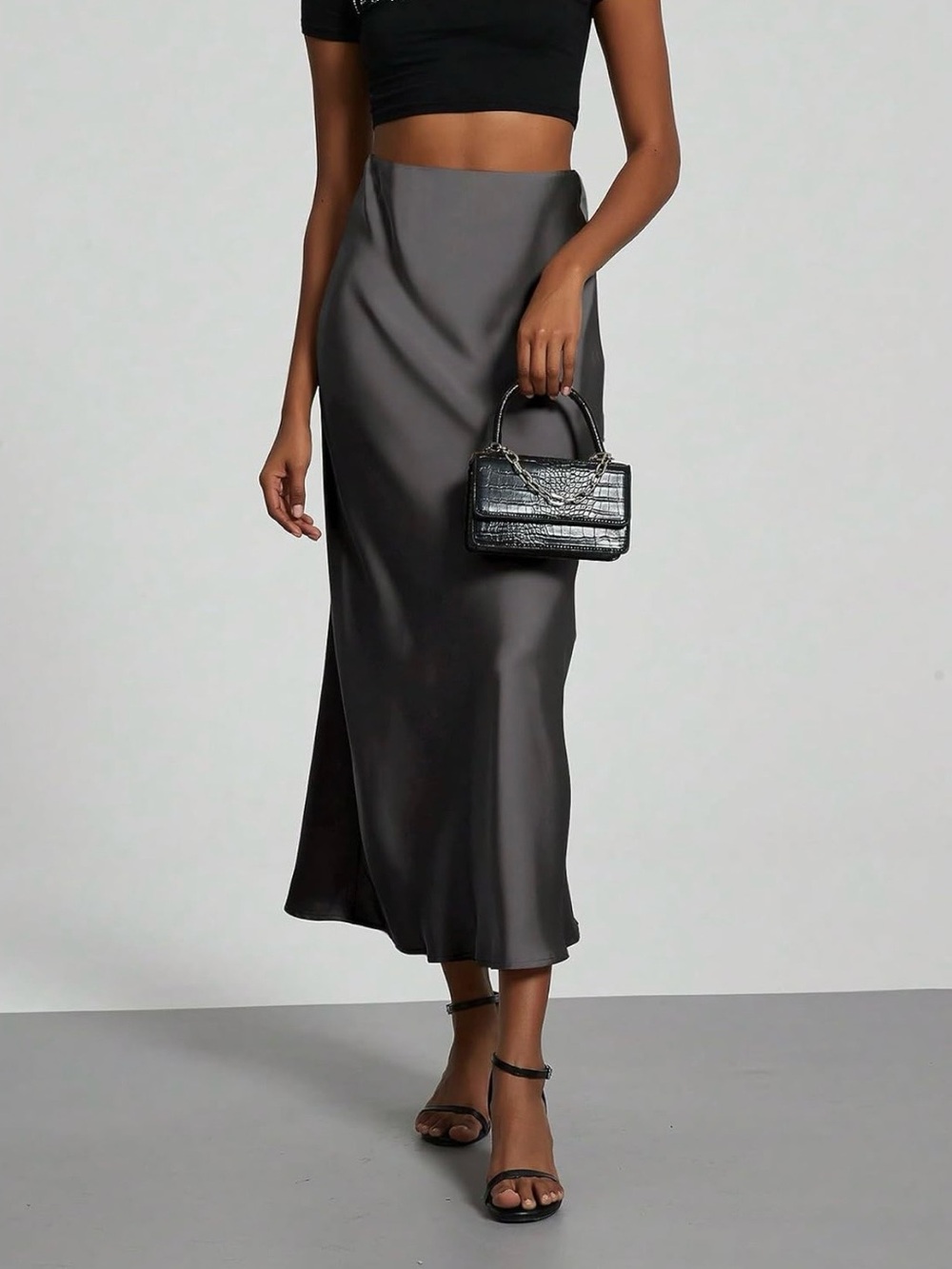 Sleek Gray Satin Bias Midi Skirt - Picture 3 of 3